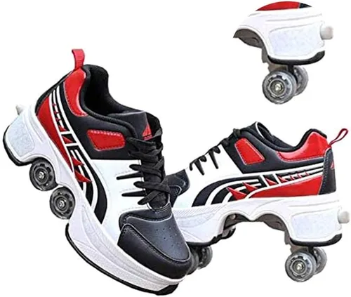 Vista 11 de Zapatos de patinaje convertibles para hombres y mujeres, zapatos de paseo automáticos para niños y adultos, patines con doble fila de ruedas, ruedas