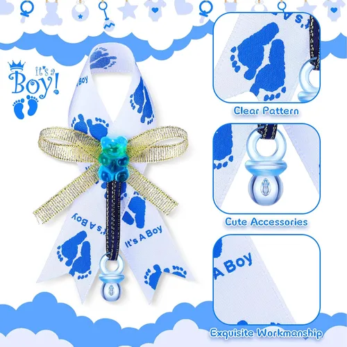 Vista 3 de Jexine 50 piezas de broche con lazo para baby shower, broche de cinta con chupete azul y oso para decoración de fiesta de revelación de género
