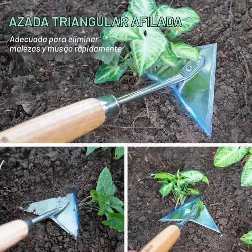 Vista 4 de Azada de mano triangular, azadas de jardín con alas de 15.2 pulgadas con mango de madera corto, azada Warren de acero inoxidable para jardinero
