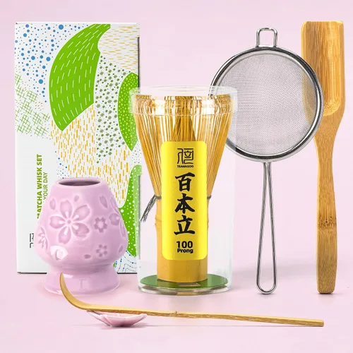 Vista 14 de TEANAGOO Set de Batidor de Matcha, Batidor de Bambú Matcha (100 puntas) con Soporte Negro, Set de Inicio Tradicional de 6 Piezas, Cuchara