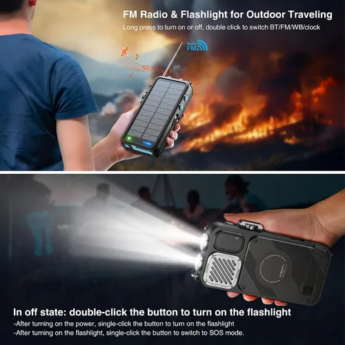 Vista 6 de Radio de emergencia y banco de energía solar de 22000 mAh, radio meteorológica FM NOAA, radio portátil con manivela Bluetooth, cargador de teléfono
