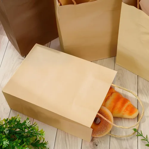 Vista 4 de Whaline 24 bolsas de regalo de papel marrón con asas, bolsas de compras de comestibles con 30 hojas de papel de seda de envoltura para vacaciones