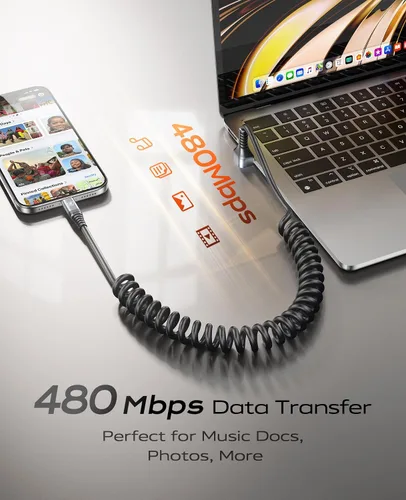 Vista 3 de Cable USB A a USB C de 90 grados, paquete de 2 cables USB tipo C en espiral de 3 pies para automóvil, cable de carga rápida USB-C compatible
