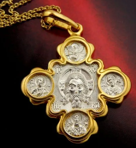 Vista 3 de Imagen del Cristo El Salvador Colgante de Cruz de Cuello Ruso Kazán Icono de la Madre de Dios con los Santos Principales Sanadores - 2 Caras, Placa