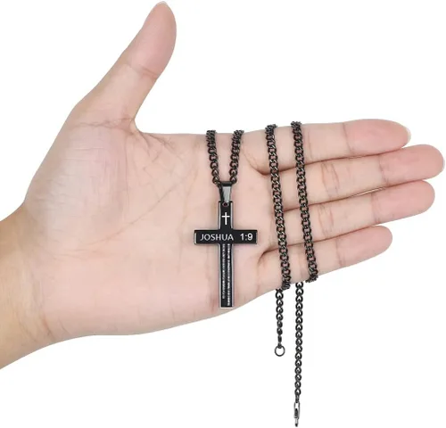 Vista 7 de REVEMCN Collar inspirador de cruz con versículo bíblico para hombres y niños, collar con colgante de cruz de plata negra lisa de acero inoxidable