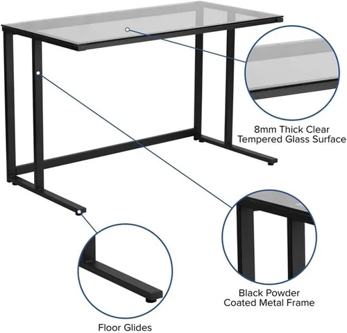 Vista 5 de Flash Furniture Singleton - Escritorio de cristal con marco de metal con pedestal negro