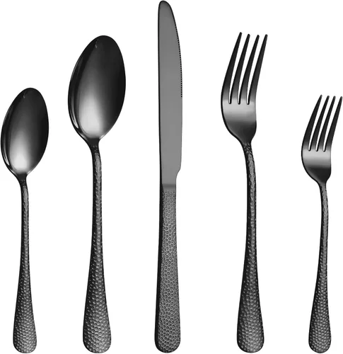 Vista 14 de Juego de cubiertos negros de 20 piezas para 4, juego de cubiertos de acero inoxidable de grado alimenticio, incluye tenedor/cuchillo/cuchara, juego