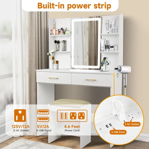Vista 4 de QUALIKRAFT - Juego de tocador blanco con espejo LED y taburete, mesa de maquillaje con toma de corriente incorporada (2 AC y 2 USB), 2 cajones