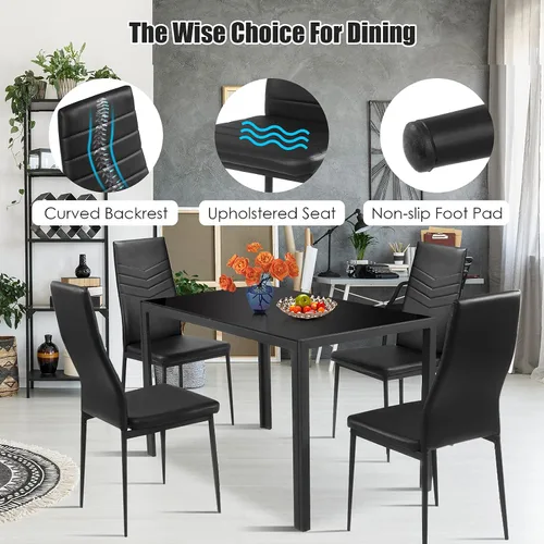 Vista 5 de Giantex Juego de 5 mesas de comedor para 4, mesa y sillas de cocina de vidrio moderna, mesa rectangular de marco de metal con cuero acolchado de 4