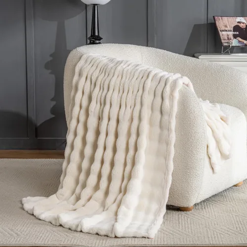 Vista 4 de Manta de Tiro de Piel Sintética Color Hueso para Sofá, Manta Suave y Esponjosa de Burbujas para Cama y Sofá, Manta Gruesa y Cálida de Felpa Difusa