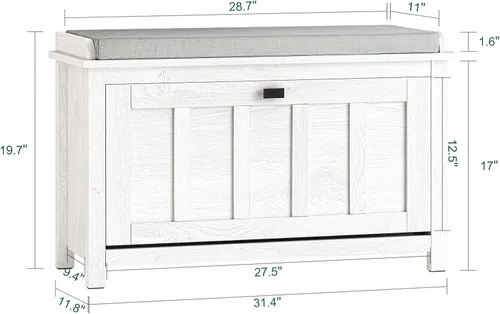 Vista 2 de Haotian Banco de almacenamiento de zapatos, para entrada, zapatero para pasillo, zapatero pequeño con cajón abatible y cojín de asiento, blanco