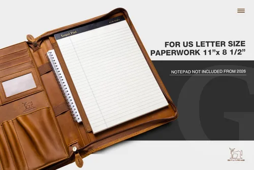 Vista 5 de Portafolio Carpeta Profesional de Cuero Genuino con Cremallera para Hombres y Mujeres, Portafolio de Trabajo con Bloc de Notas para Reuniones