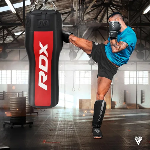 Vista 3 de RDX Uppercut - Saco de boxeo sin relleno para boxeo, entrenamiento de kickboxing, juego de bolsa pesada de piel maya en ángulo con guantes de boxeo