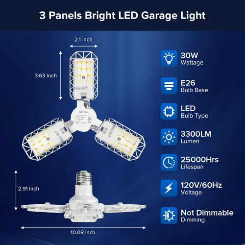 Vista 2 de SANSI Luz LED deformable de 3 paneles, 300 W equivalente a 30 W, luces de garaje LED de techo, luz de taller ajustable E26 con luz diurna de 5000 K