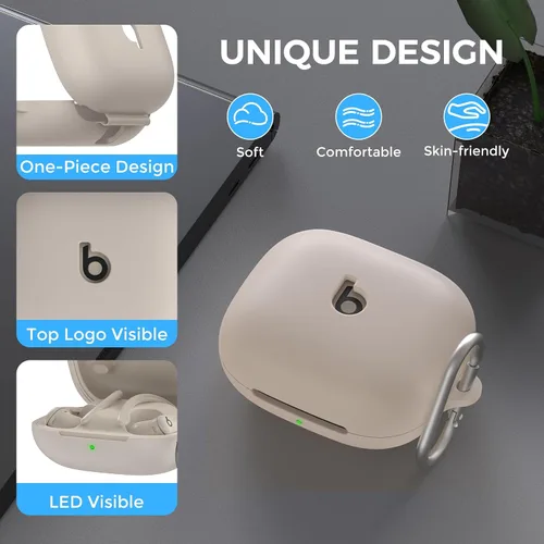 Vista 3 de Funda de silicona AhaStyle para Beats Powerbeats Pro 2 (2025) con kit de limpieza y mosquetón [Logotipo superior visible] Funda protectora completa