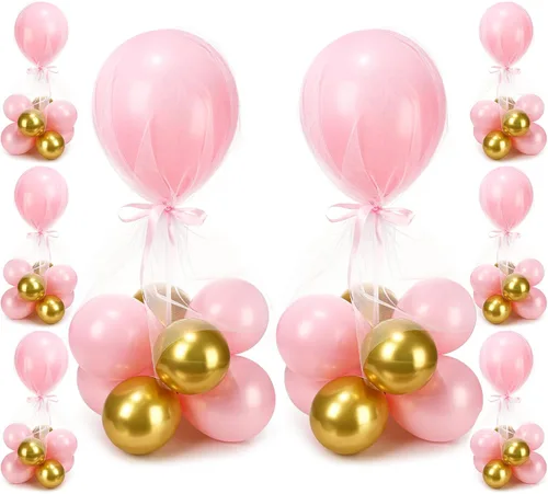 Vista 11 de BBTO Juego de 8 centros de mesa con soporte para globos, kit de 80 globos de látex y soporte de mesa con base de tul para boda, cumpleaños, baby Oro