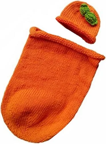 Vista 2 de Coberllus Accesorios para fotos de bebé recién nacido, trajes para sesión de fotos de ganchillo de punto de Halloween, calabazas, sombrero, bolsa