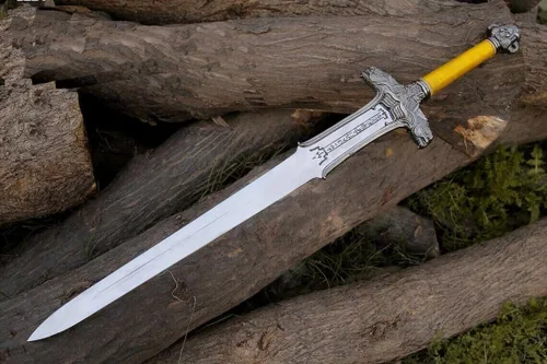 Vista 7 de Conan - Espada bárbara, hoja de acero al carbono Conan con envoltura de yute en mango de madera, espada atlante bárbara con funda de cuero, espada