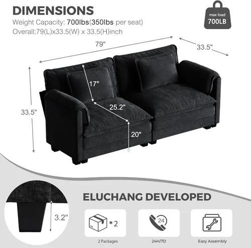 Vista 2 de ELUCHANG Sofá biplaza de 80 pulgadas, sofá modular modular de 2 asientos para sala de estar y apartamento, cómodo sofá tapizado de doble capa