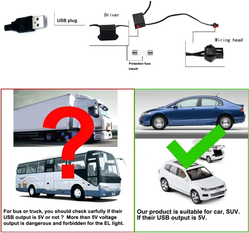 Vista 5 de Tira de luces LED de cable electroluminiscente azul para interior de automóvil, 6.5 pies de cable de neón con controlador USB de 5 voltios