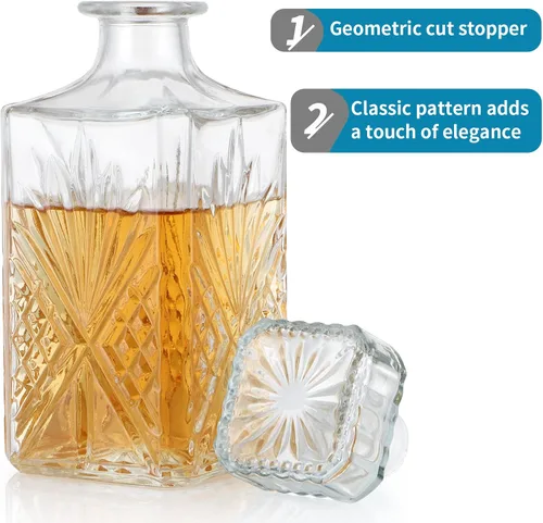 Vista 6 de MDLUU Decantador de vidrio con tapón hermético, botella de licor de 25.3 onzas líquidas para vino, whisky, brandy, vodka (flor grabada)