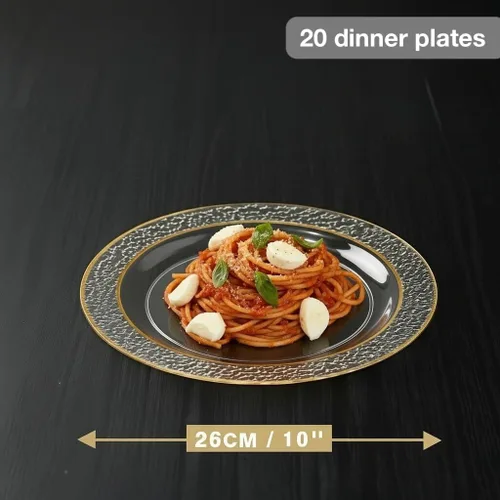 Vista 2 de MATANA 20 Platos de Fiesta Reutilizables de Plástico Transparente de 10 Pulgadas con Borde Dorado Martillado - Platos de Cena Resistentes de Primera