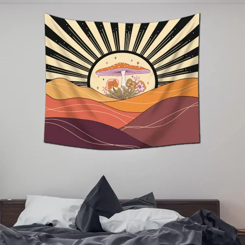 Vista 4 de EWRITN Tapiz de sol de hongos, póster bohemio para decoración del hogar, divertidos tapices colgantes para dormitorio, fiesta, telón de fondo