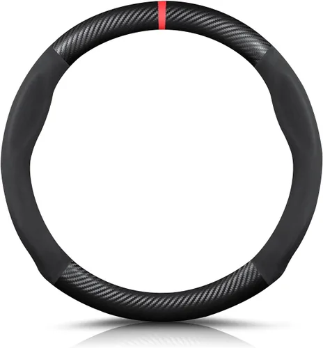 Vista 9 de Ergocar Funda para Volante de Forma Redonda de Fibra de Carbono y Cuero PU de Microfibra Antideslizante Protector de Volante de Automóvil Negro