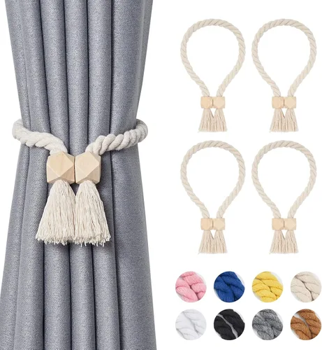 Vista 17 de NICEEC 2 Pack de Alzapaños Magnéticos de Madera en Forma de Cubo Boho para Decoración del Hogar, Alzapaños de Lino Tejidos a Mano para Cortinas Beige