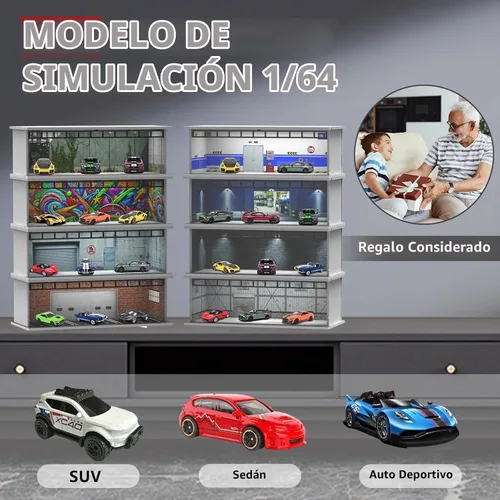 Vista 7 de SAMYUCHO - Vitrina fundida a presión a escala 1/64 para Hot Wheels Matchbox Model Cars Handy Series Use, Bright LED Light, Stackable Toy Garage Negro