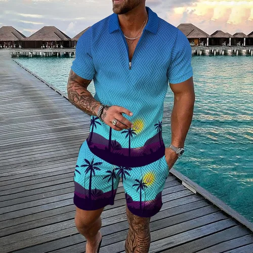 Vista 2 de Conjunto corto para hombre, 2 piezas, camiseta de manga corta y pantalones cortos, conjunto deportivo elegante y casual