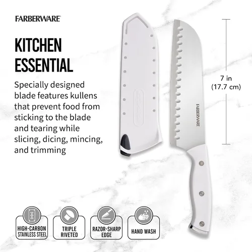 Vista 2 de Farberware Cuchillo Santoku de 7 pulgadas con funda autoafilable EdgeKeeper, hoja de acero inoxidable de alto carbono, mango de triple remache