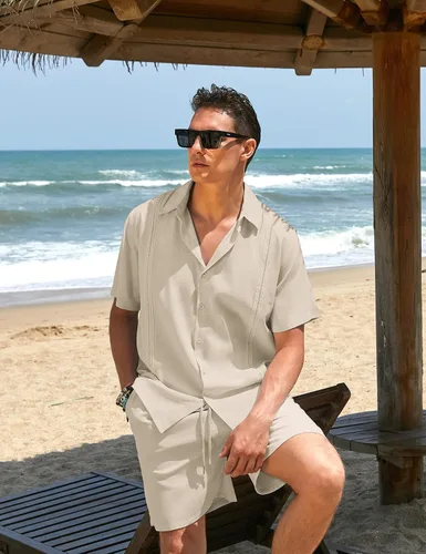 Vista 2 de COOFANDY Conjunto de 2 piezas de lino para hombre camisa con botones y pantalones cortos
