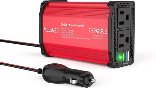 Vista 11 de ALLWEI - Inversor de corriente de 300 W, adaptador de toma de corriente con enchufe para coche, CC 12 V a CA 110 V, con cargador rápido USB-C PD