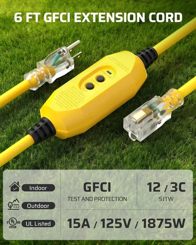 Vista 2 de DEWENWILS Cable de extensión GFCI de reinicio automático de 6 pies con Amarillo