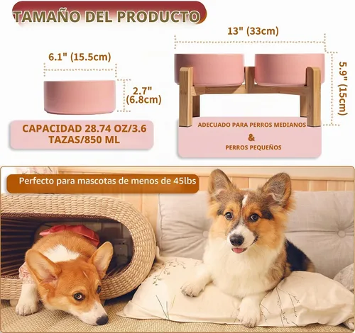 Vista 2 de Tazón elevado de cerámica para perros, 3.6 tazas de comida y agua para Rosa