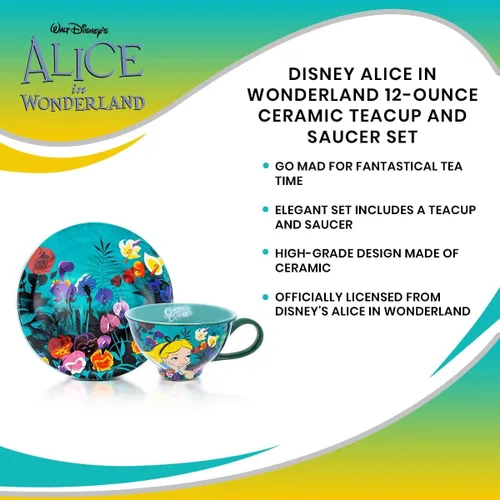 Vista 7 de Disney Alicia en el país de las maravillas - Juego de taza de té y platillo de cerámica de 12 onzas Juego de regalo de fiesta de té para café