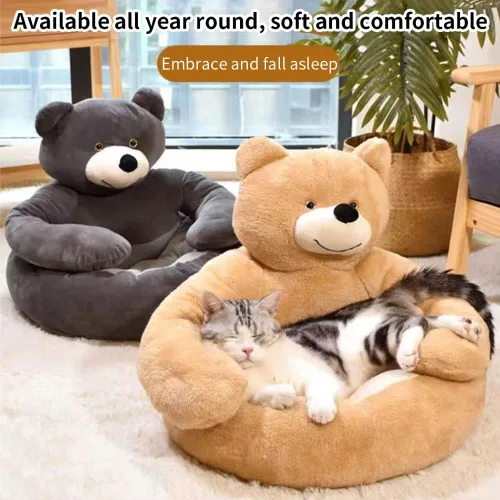 Vista 5 de Linda cama para perros y gatos con diseño de oso abrazo, camas de felpa para mascotas, camas cálidas y suaves para perros con funda extraíble