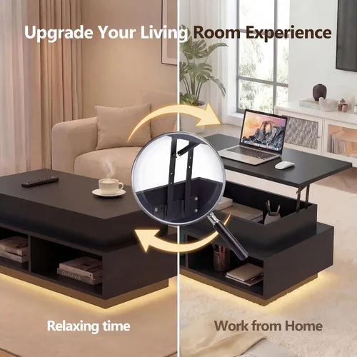 Vista 4 de YESHOMY Mesa de Centro Elevable de 40" con Almacenamiento Oculto y Luces LED Multicolor, Mesa Cuadrada Moderna de Madera con 4 Estantes Abiertos
