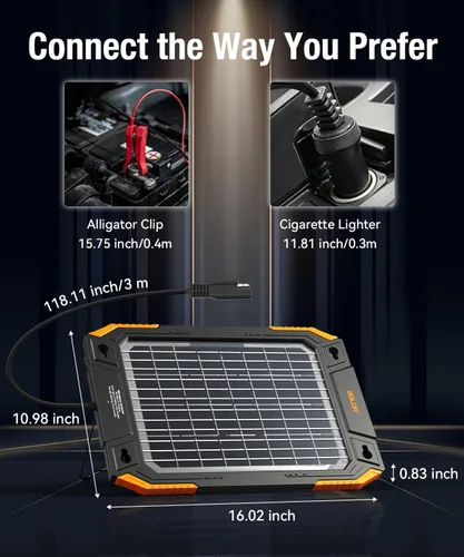 Vista 9 de BALDR Cargador de batería solar de 13 W actualizado, mantenedor de 12 V, portátil, impermeable, panel solar, kit de carga de goteo para automóvil