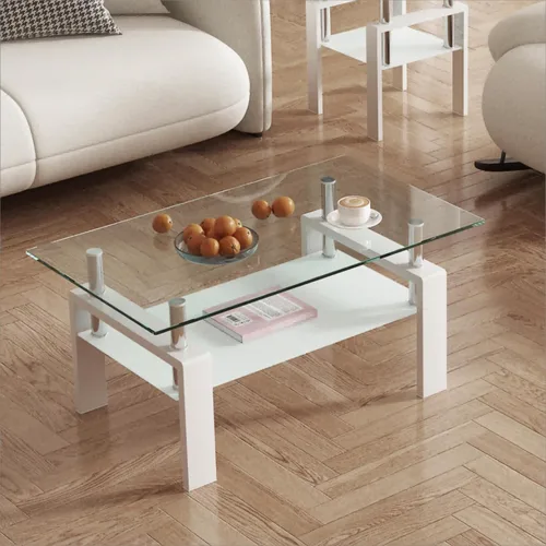 Vista 6 de Mesa auxiliar de cristal de 2 niveles, moderna mesa esquinera de cristal, mesa auxiliar para sala de estar con patas de metal para sala de estar