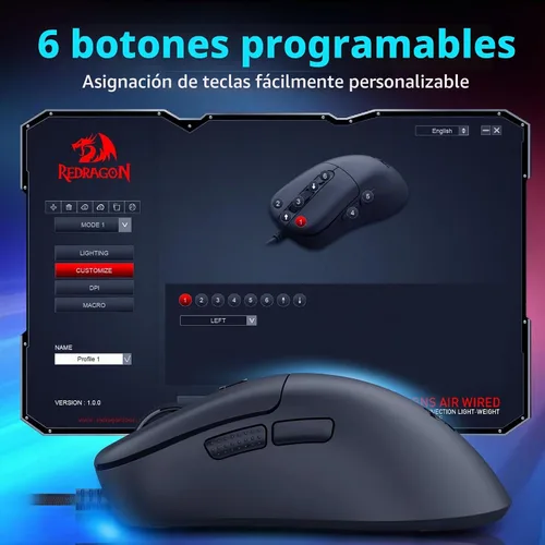 Vista 8 de Redragon Ratón para juegos con cable, ligero, 6 botones programables, negro