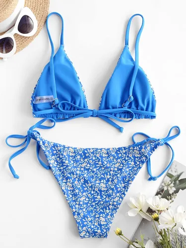 Vista 4 de ZAFUL - Bikini triangular y floral con cordones para mujer, traje de baño de 2 piezas