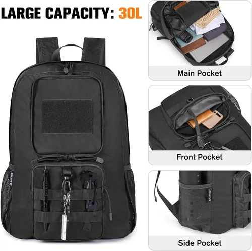 Vista 3 de G4Free Mochila ligera plegable de 30L para viajes de senderismo, mochila plegable resistente al agua para hombres y mujeres (negro)