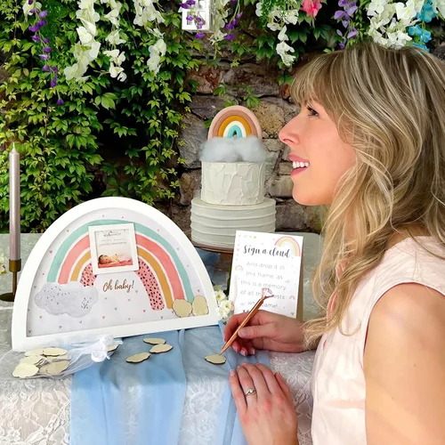 Vista 7 de Kate Aspen Marco de arco iris alternativo para baby shower con 30 nubes de madera, marco para imagen de ecograma, decoración de baby shower arcoíris