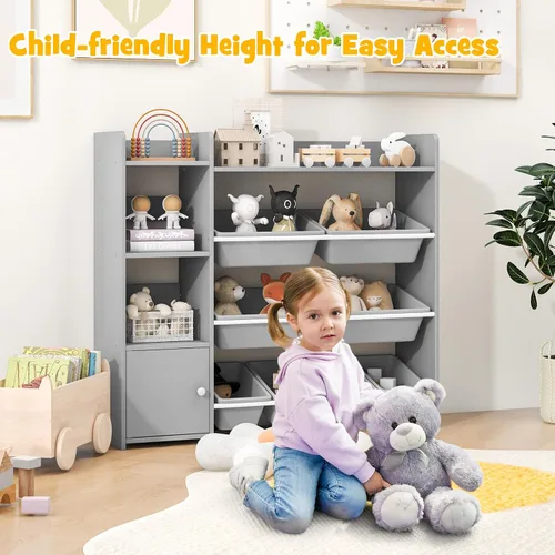 Vista 9 de GLACER Organizador de almacenamiento de juguetes para niños, estante de juguetes de 4 niveles con 8 contenedores de almacenamiento de plástico y Gris