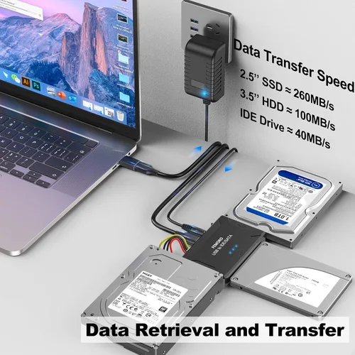 Vista 2 de FEMORO Lector de disco duro IDE SATA a USB 3.0 + adaptador USB C, kit de convertidor de recuperación de datos 3 en 1 con fuente de alimentación