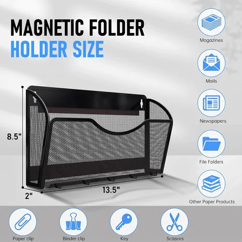 Vista 3 de 6 PCS Magnetic File Holder with Hooks,Magnetic File Folder Holder Organizer Negro