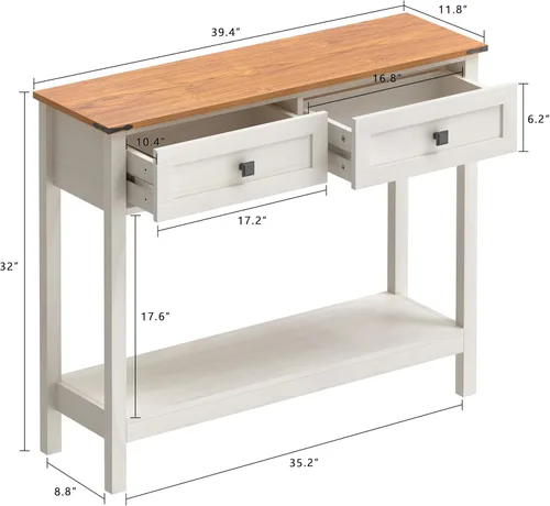 Vista 2 de Trironsun - Mesa de consola de estilo granja con 2 cajones para entrada, mesa de sofá rústica con estante de almacenamiento abierto, mesa de pasillo