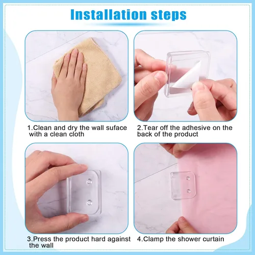 Vista 5 de Yalikop 8 clips para cortina de ducha, soporte protector contra salpicaduras, adhesivo transparente, resistente al viento, clips para mantener